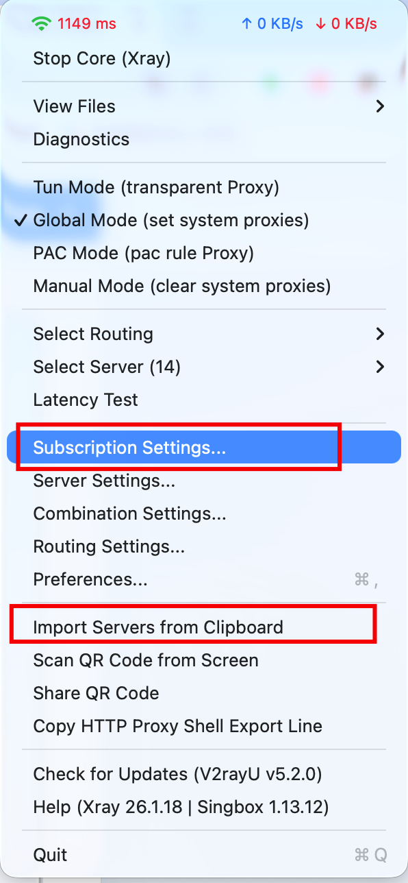 V2Ray client configuration page