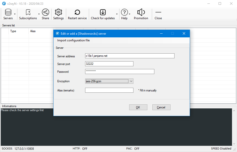 Enter Shadowsocks parameters
